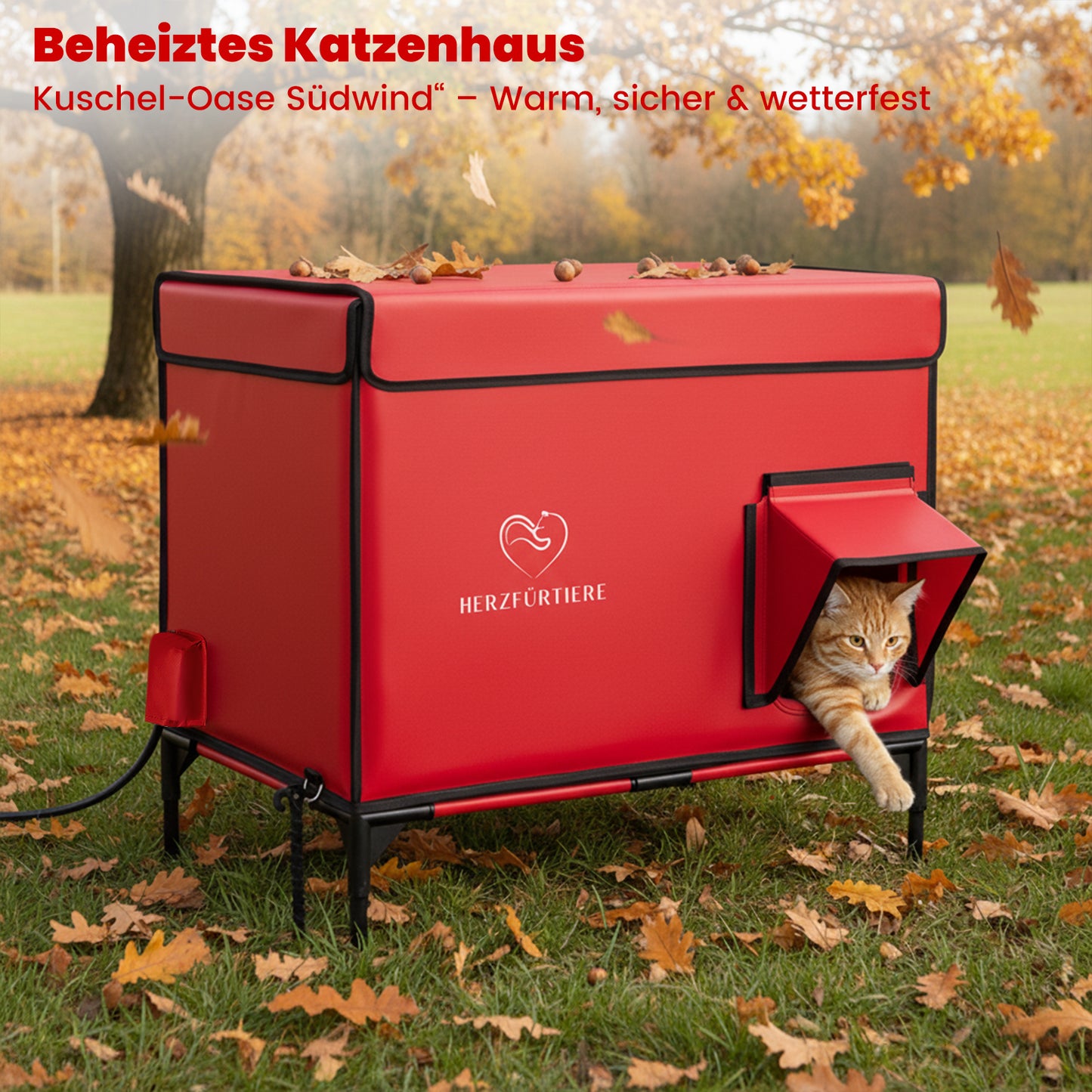 Beheiztes Katzenhaus „Kuschel-Oase Südwind“ – Warm, sicher & wetterfest | Rot