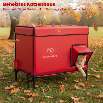 Beheiztes Katzenhaus „Kuschel-Oase Südwind“ – Warm, sicher & wetterfest | Rot