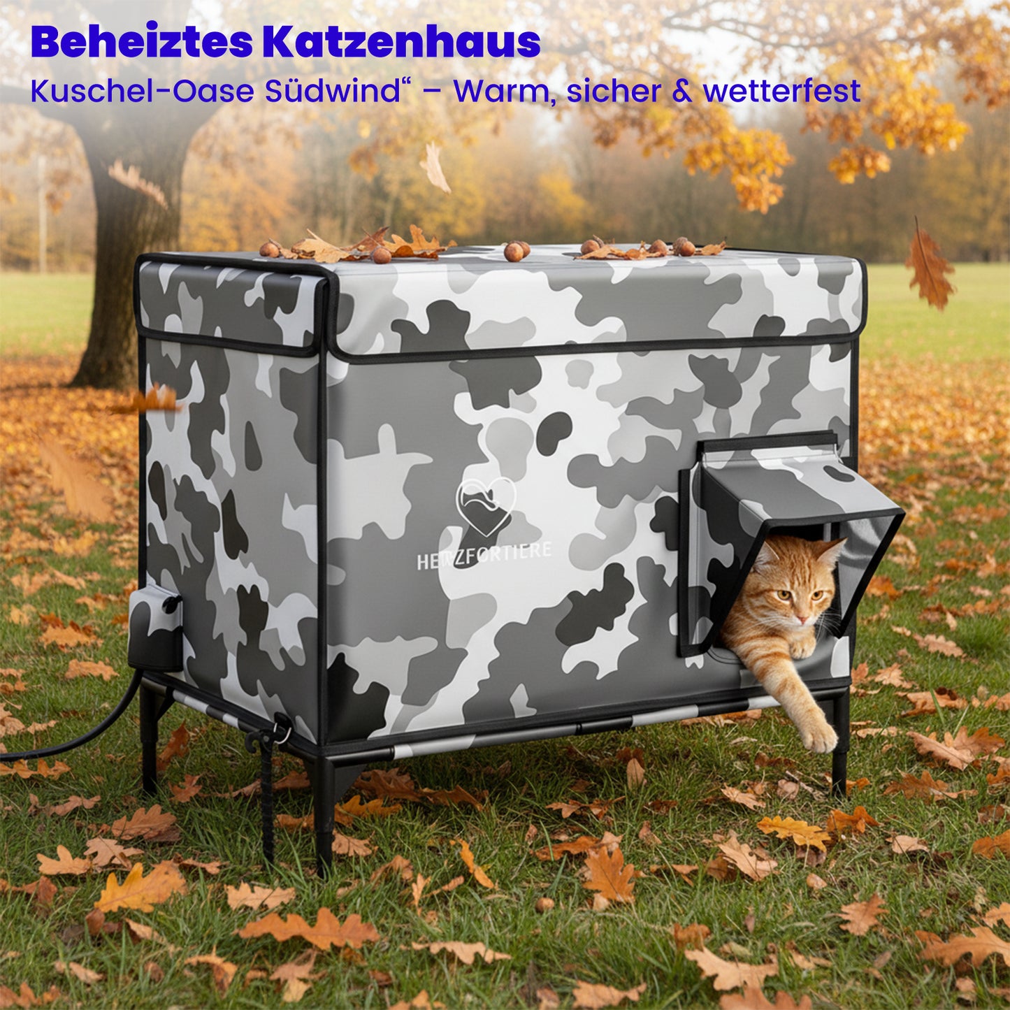 Beheiztes Katzenhaus „Kuschel-Oase Südwind“ – Warm, sicher & wetterfest | Camo