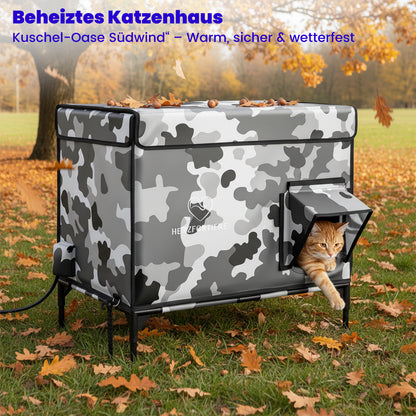 Beheiztes Katzenhaus „Kuschel-Oase Südwind“ – Warm, sicher & wetterfest | Camo