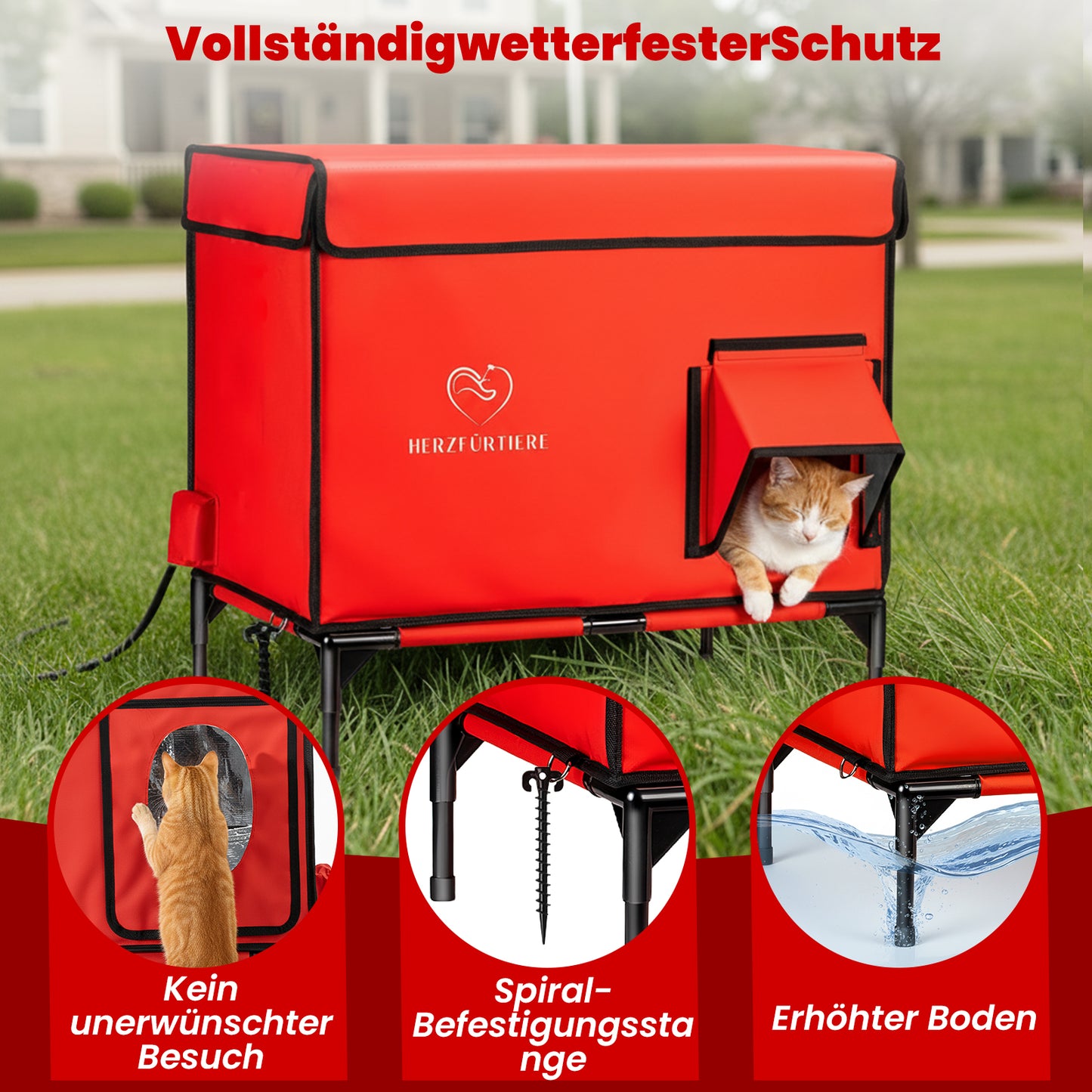 Beheiztes Katzenhaus „Kuschel-Oase Südwind“ – Warm, sicher & wetterfest | Rot